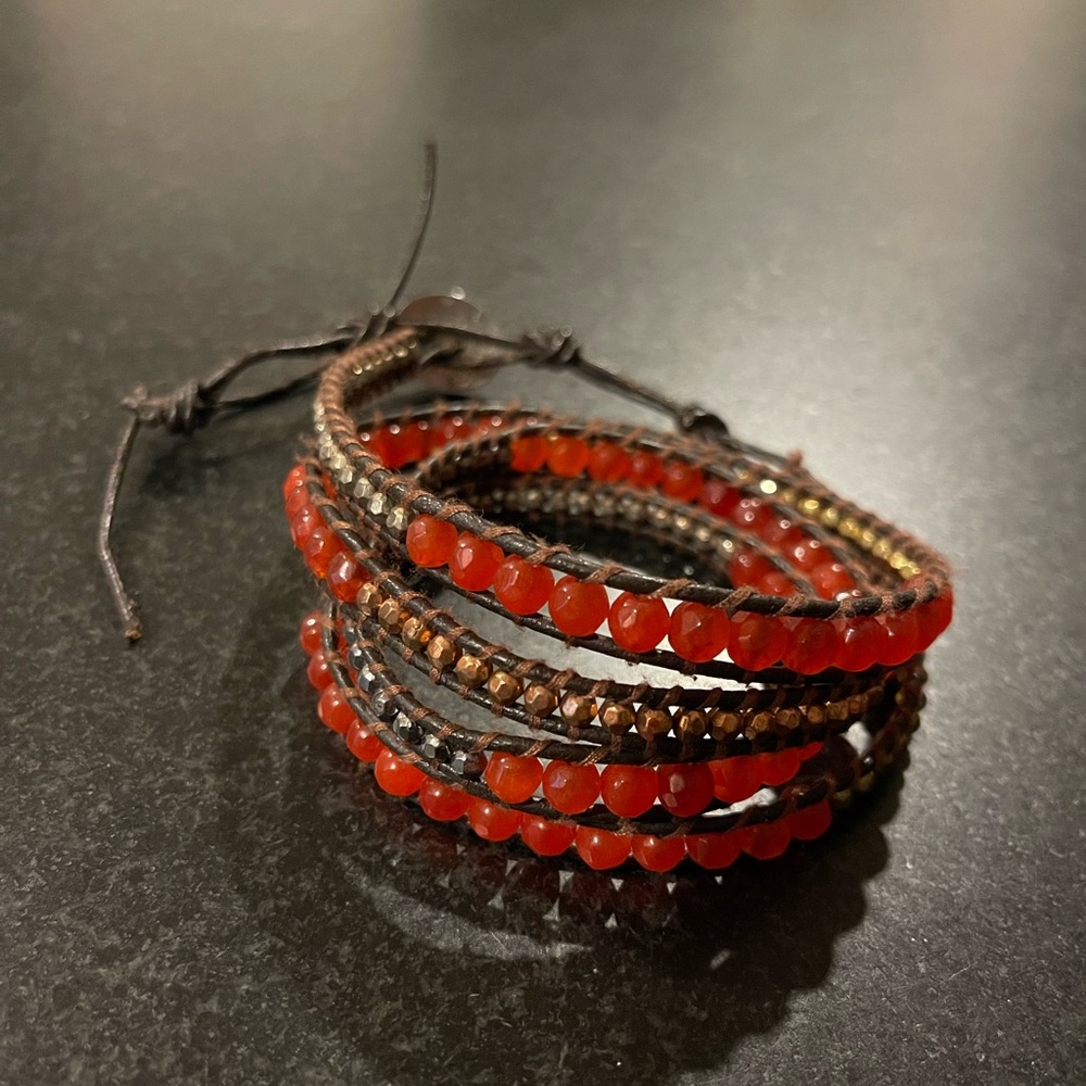 Red and Jet Bronze Sectioned Wrap Bracelet on Natural Grey Leather by Linda Chan